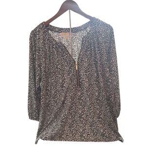 MICHAEL KORS 1X Black‎ Animal Print Zipper Neck Long Sleeve Top Tunic